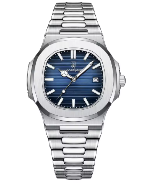 Poedar Luxury Square Men's Wristwatch, Waterproof, Luminous, Date, Stainless Steel Men's Watch